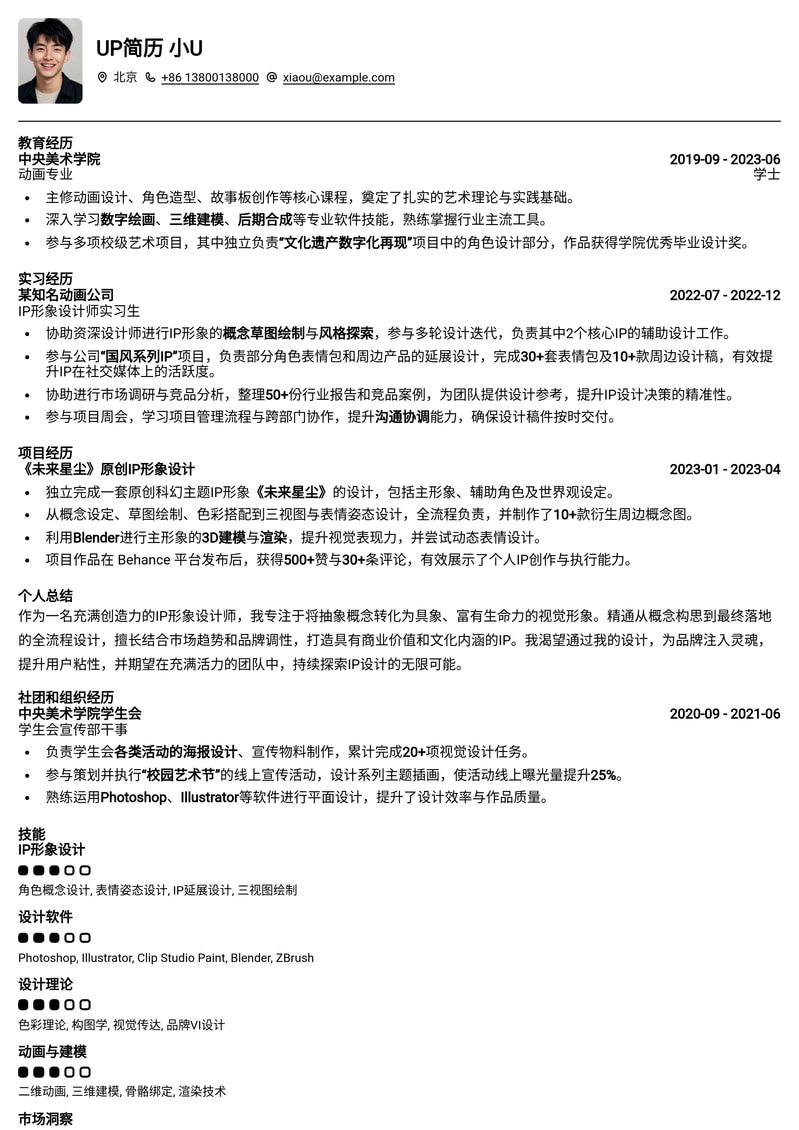 IP形象设计师求职优选:打造创意与专业并存的简历模板简历模板预览
