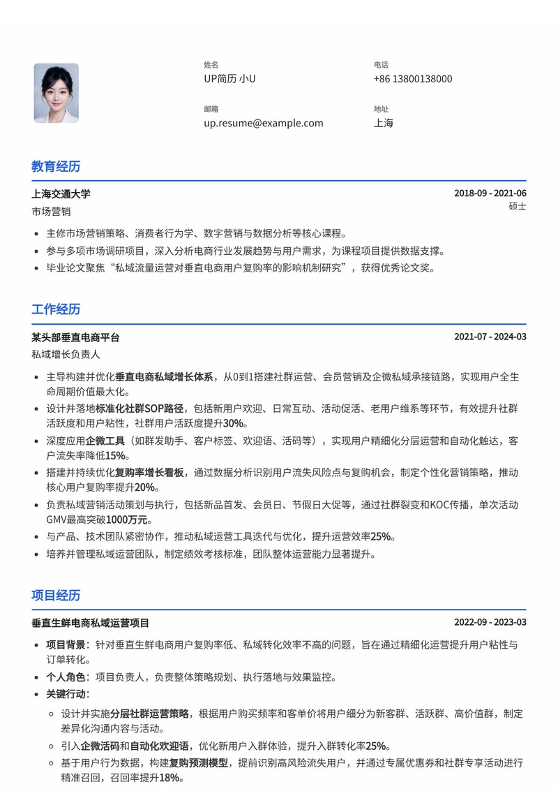 垂直电商私域增长简历模板：内置社群SOP、企微工具应用与复购率看板，助你高效获客与转化简历模板预览