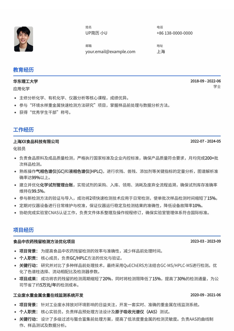 化验员(工业/食品)简历模板:精通气相/液相色谱仪与化学试剂管理简历模板预览