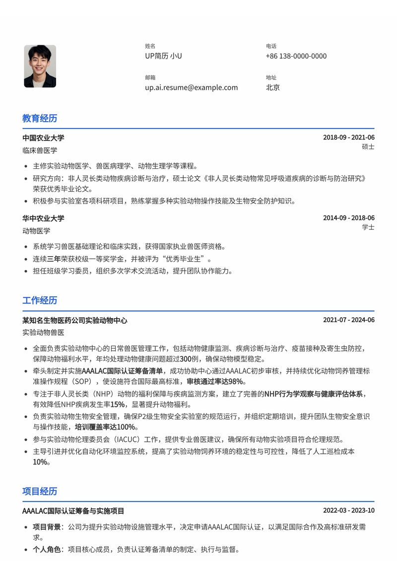 实验动物兽医(Lab Animal Vet)简历模板：AAALAC认证筹备与NHP动物福利专家简历模板预览