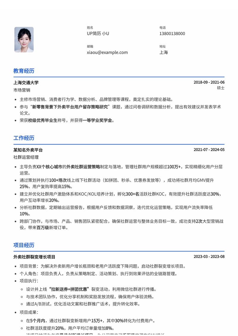 社群运营简历模板：外卖社群运营通用简历模板预览