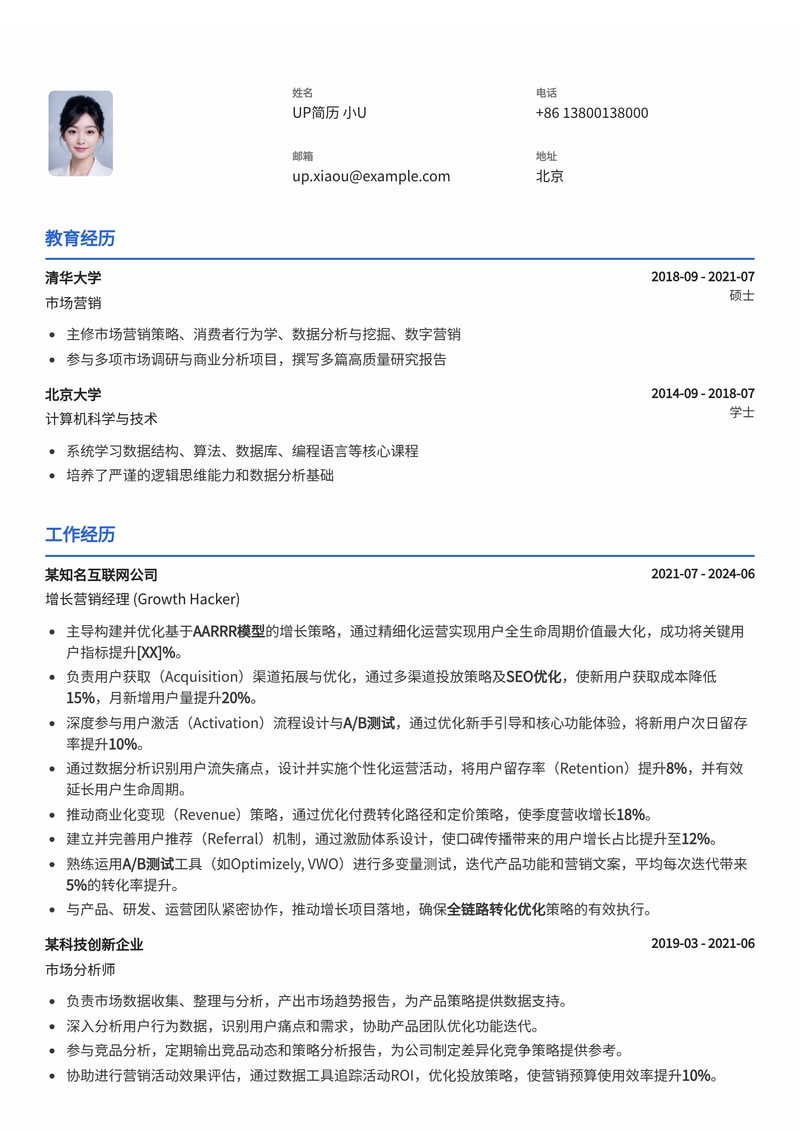 增长营销经理 (Growth Hacker) 简历模板:AARRR 模型实操、全链路转化优化、A/B 测试—助你实现用户增长与商业价值简历模板预览