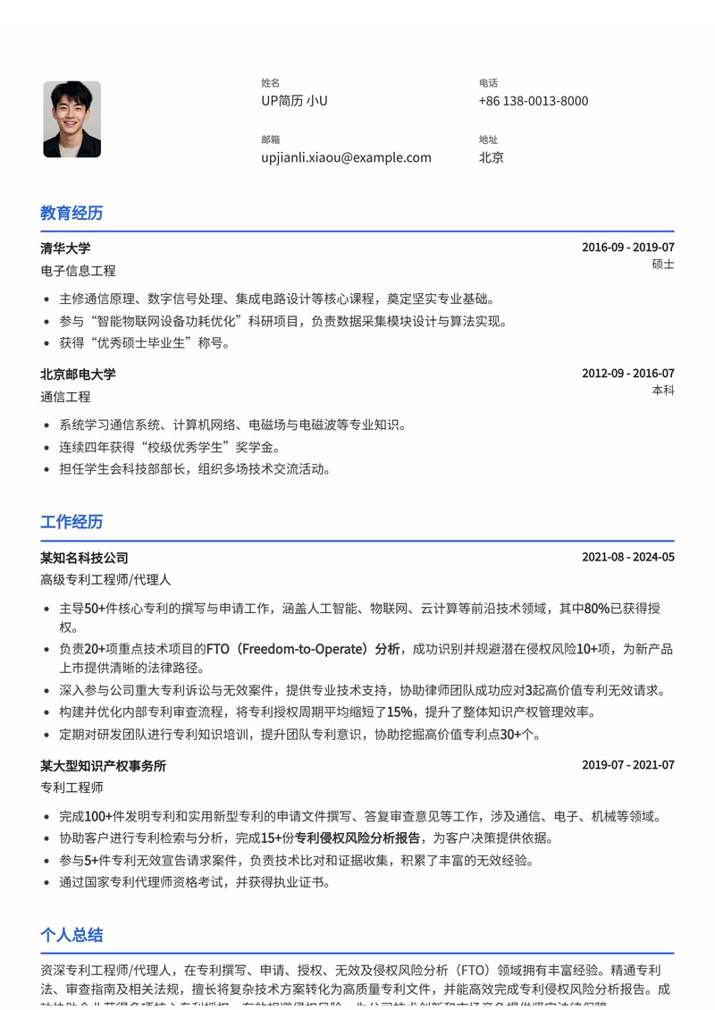 专利工程师/代理人专业简历模板：掌握撰写申请授权与侵权风险分析FTO简历模板预览