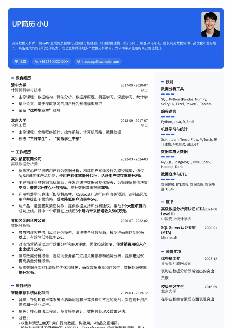 985热门数据分析师简历模板：助你斩获心仪Offer！简历模板预览