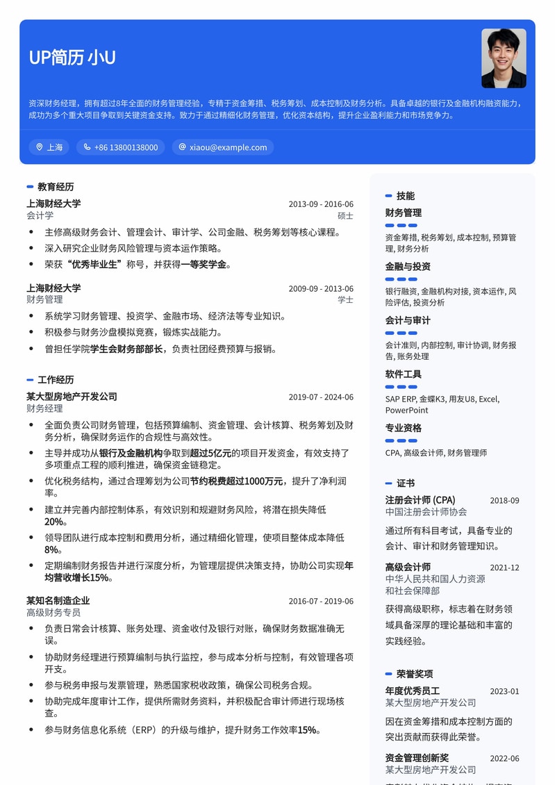 金融精英专属：财务经理高效融资与税务管理简历模板简历模板预览