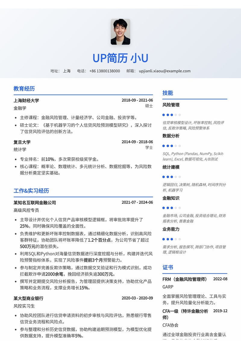 风控专员简历模板：信贷审核模型与坏账率控制数据深度解析简历模板预览