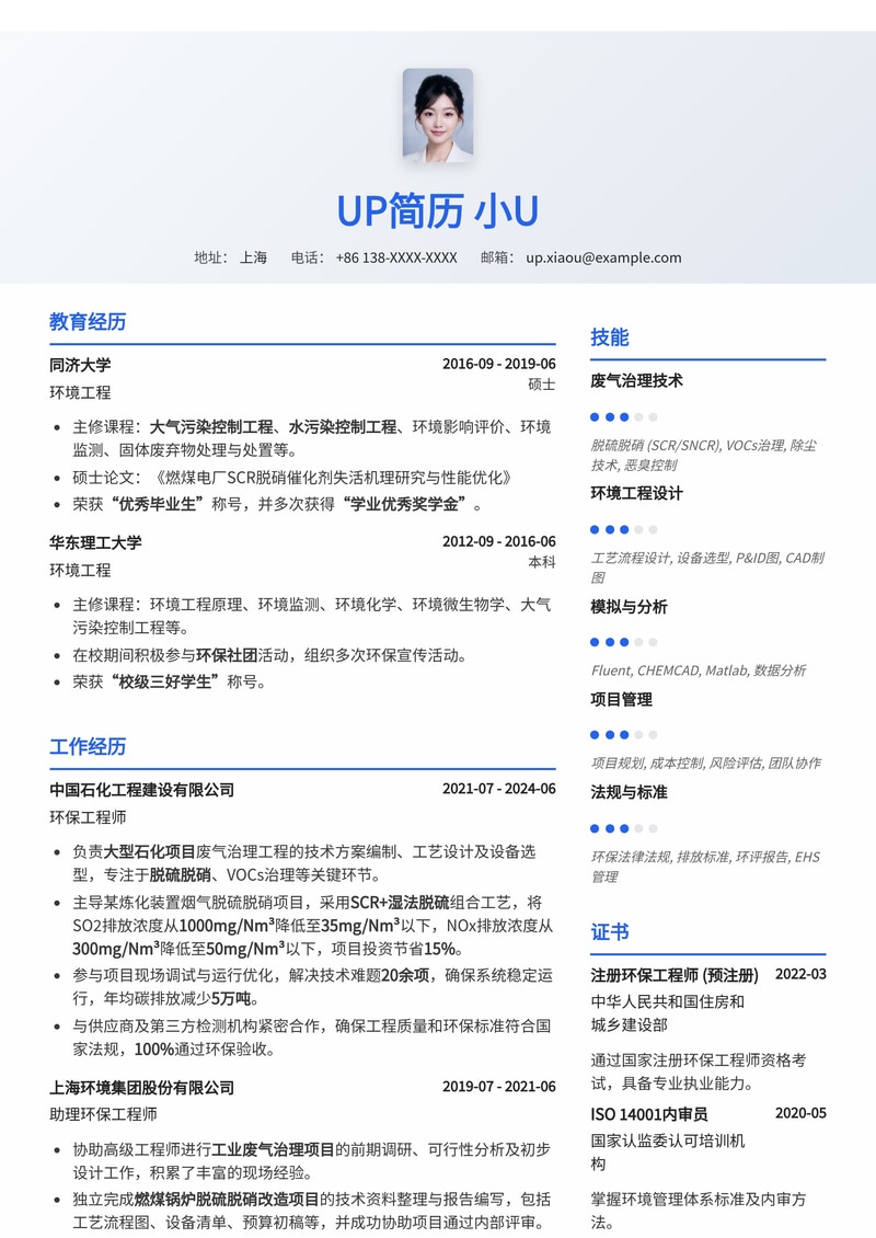 环保工程师简历模板：废气脱硫脱硝