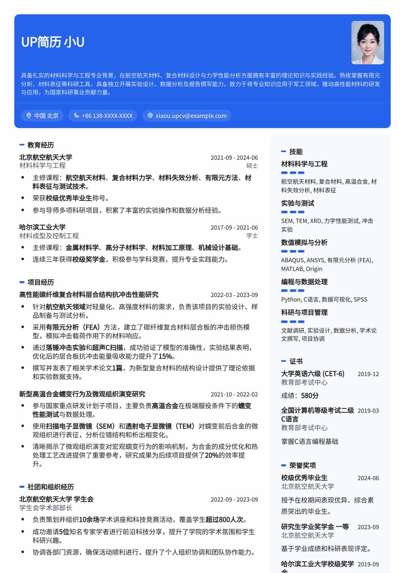 军工研究所科研岗高水平简历模板:突出专业深度与项目经验简历模板预览