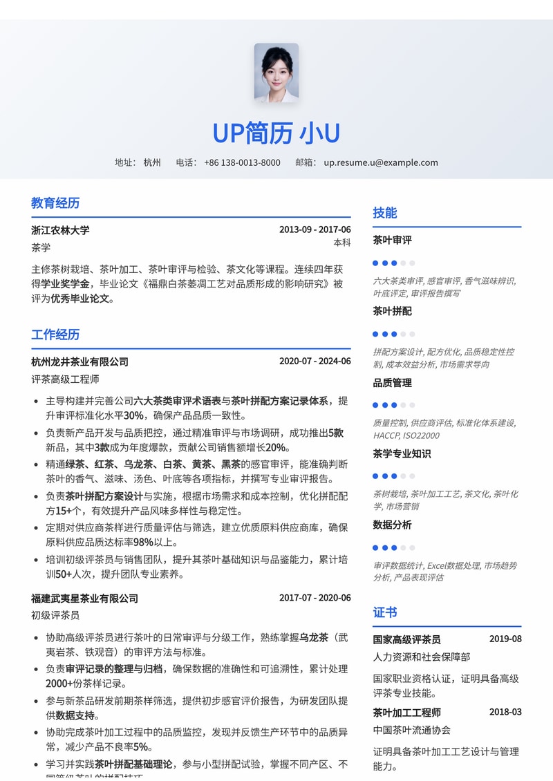 评茶员专业简历模板：精通六大茶类审评术语与茶叶拼配方案简历模板预览