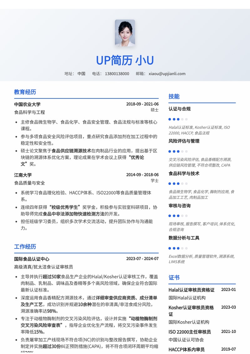清真/犹太洁食认证审核员简历模板:食品香精配方溯源与产线不符合项整改报告专家简历模板预览