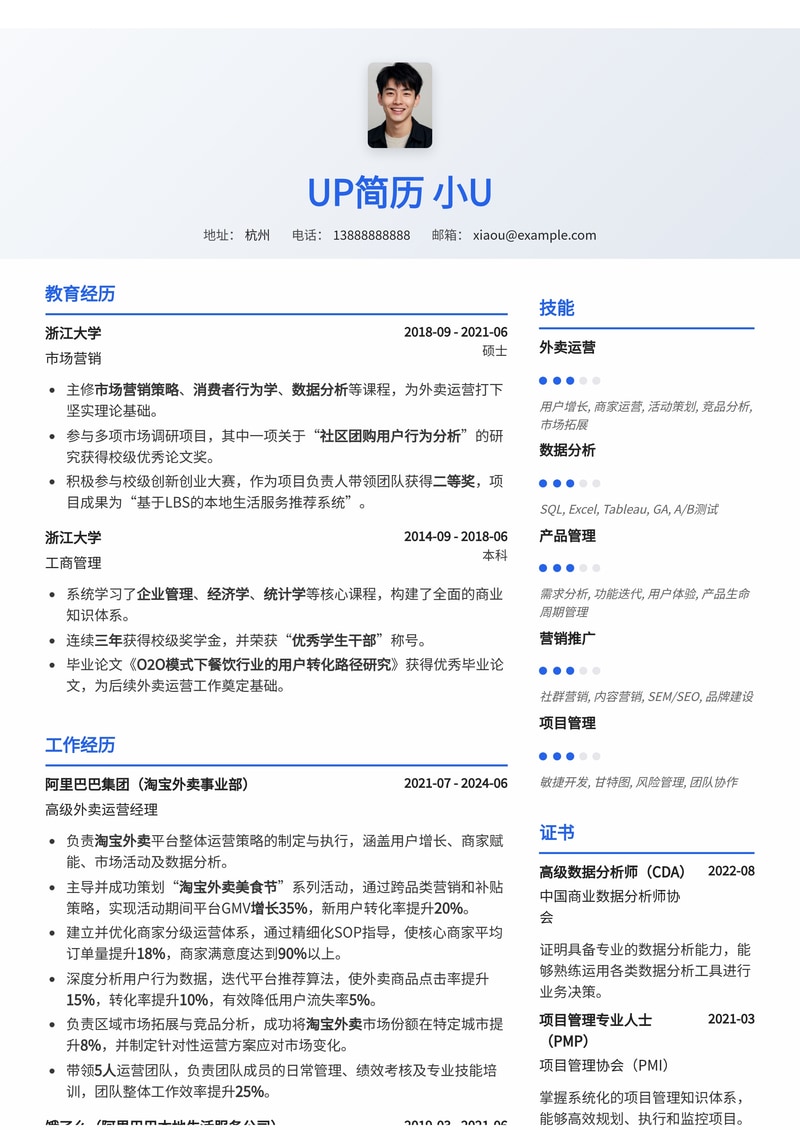 外卖运营简历模板：淘宝外卖运营通用简历模板预览