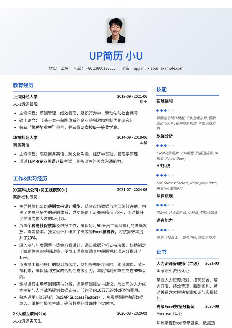 薪酬专员(C&B)简历模板:含薪酬宽带设计模型与个税社保核算Excel表简历模板预览