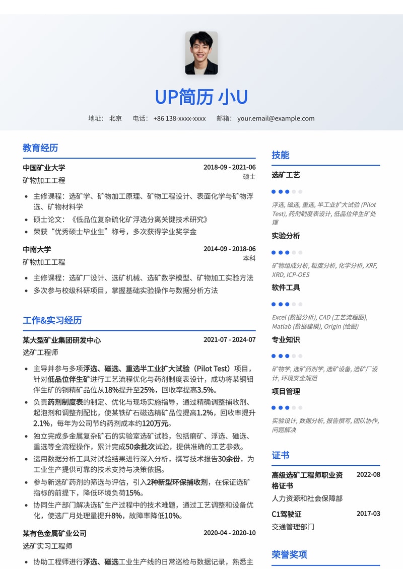 选矿工程师(Mineral Processing Eng.)简历模板：浮选/磁选/重选半工业扩大试验药剂制度表与低品位伴生矿精矿品位/回收率双向提升指标