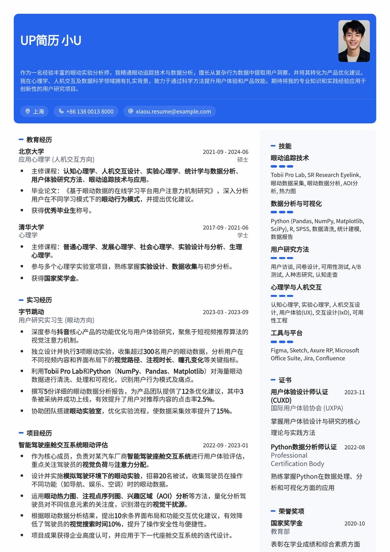 专业眼动实验分析师简历模板:精准洞察用户行为,助力产品优化简历模板预览