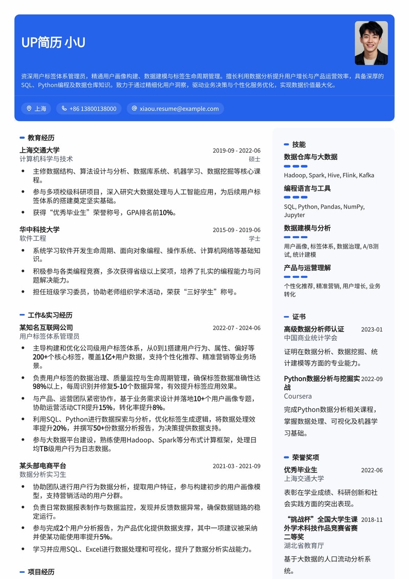 高效用户标签体系管理员简历模板：精准洞察，助力企业数据增长简历模板预览