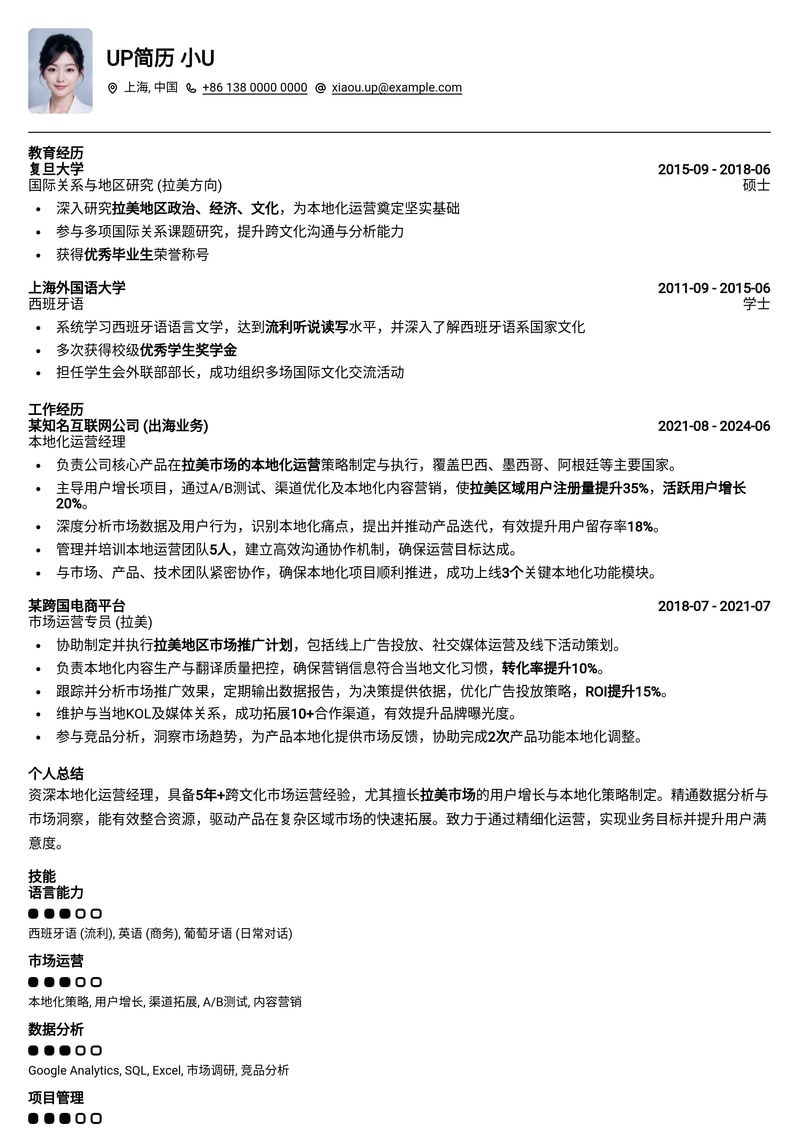 本地化运营经理 (拉美) 简历模板