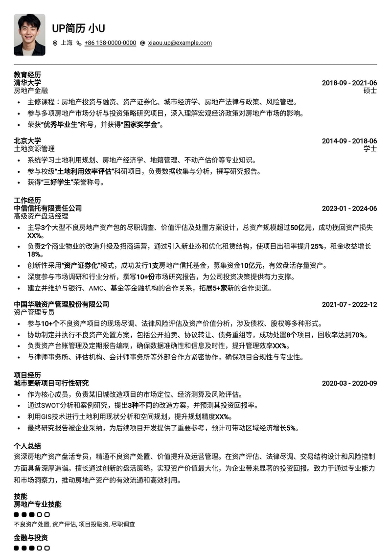 房地产资产盘活专家简历模板：高效呈现投资并购与不良资产处置能力简历模板预览