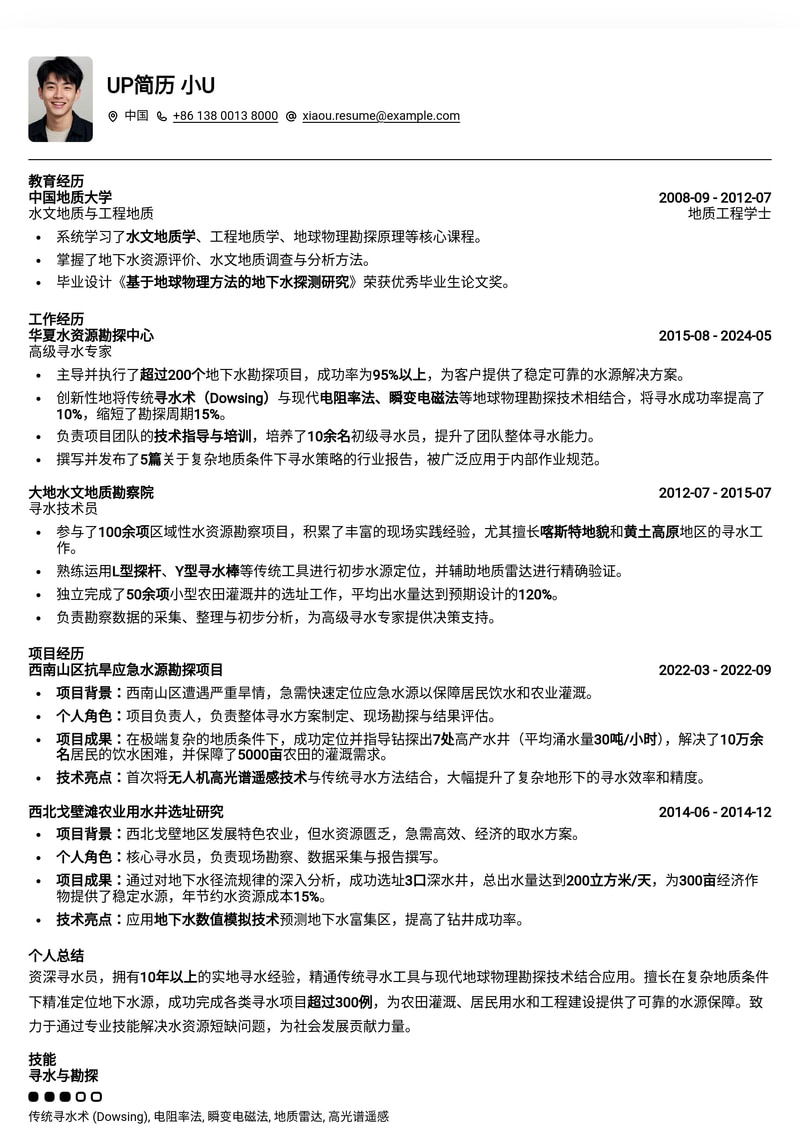 神秘寻水员专属简历模板：探寻地下之源，展现独特天赋简历模板预览