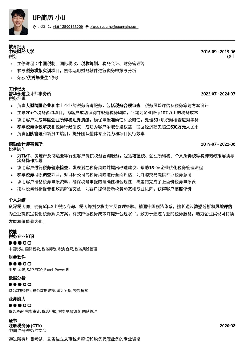 税务精英专属：专业税务师求职简历模板简历模板预览