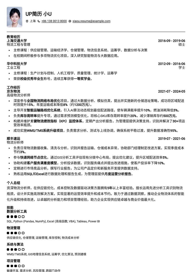 高效物流分析师简历模板：优化供应链，洞察数据，驱动业务增长简历模板预览