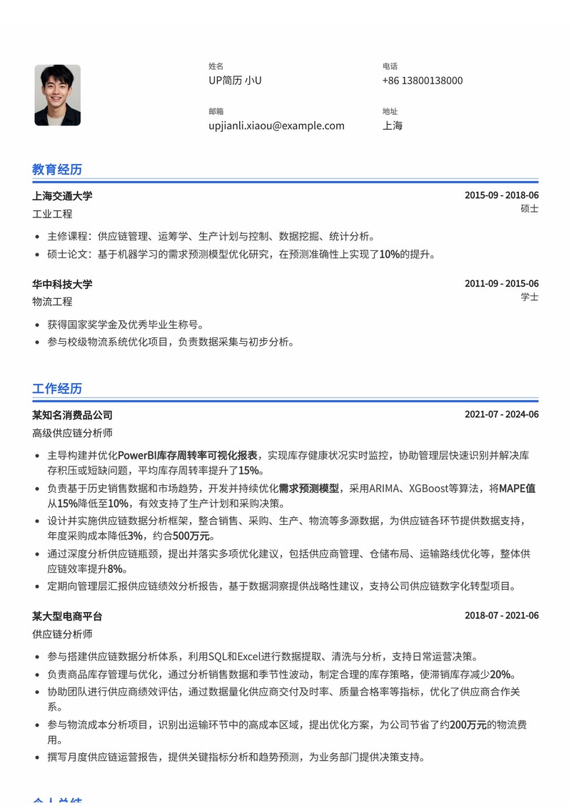 供应链分析师简历模板：PowerBI库存周转率可视化与需求预测高手简历模板预览