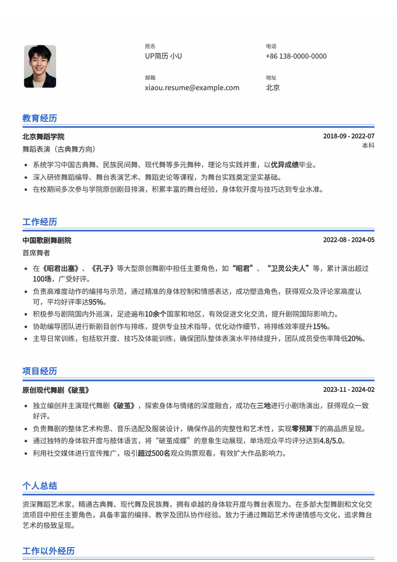 舞者/舞蹈演员专属简历模板:身体软开度与大型舞剧参演剧照,艺术之美一览无余简历模板预览