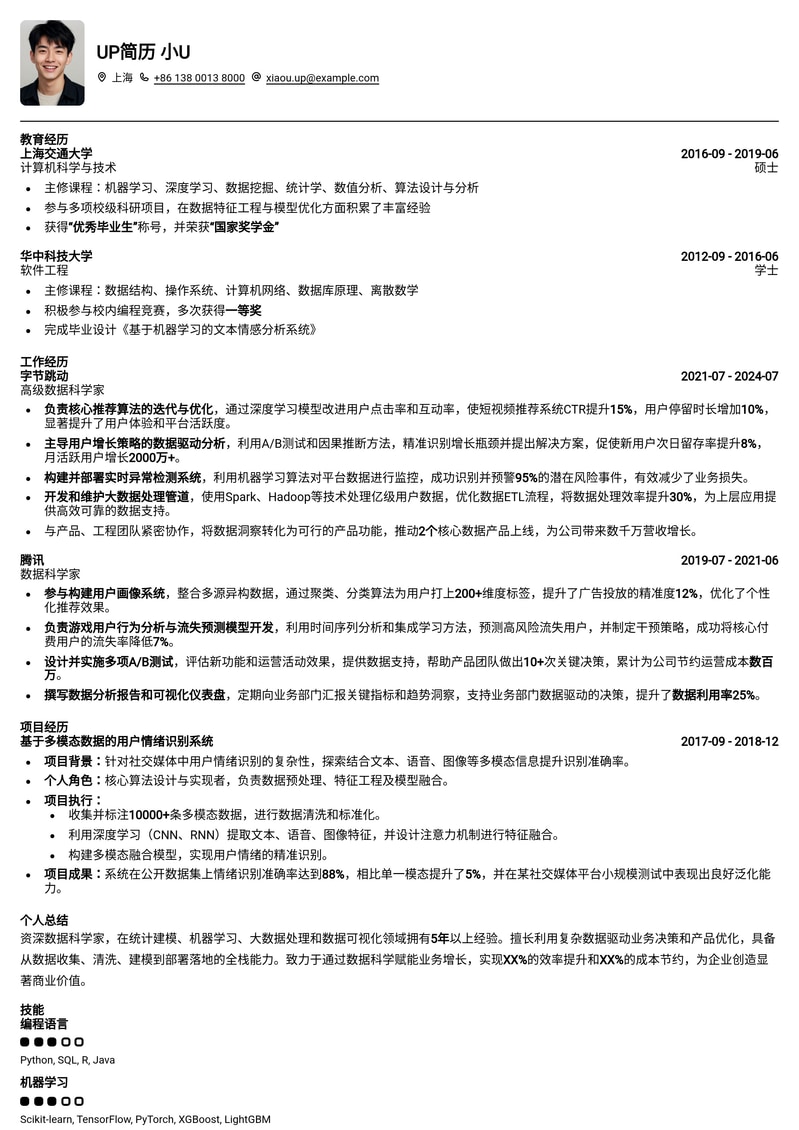211高校定向：数据科学家求职优选简历模板简历模板预览