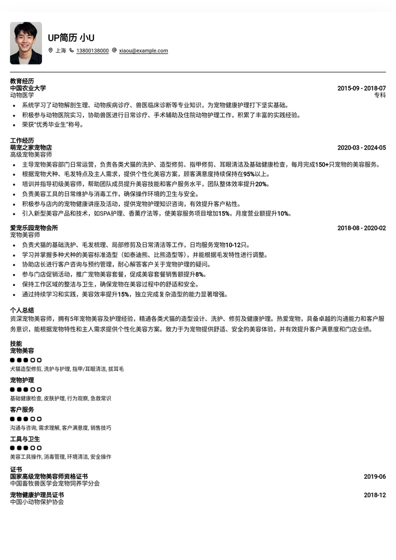 萌宠C位出道：专业宠物美容师简历模板，助你打造星级履历！简历模板预览