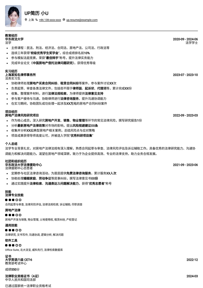 专业高效:房地产法务助理简历模板,助您职场腾飞!简历模板预览