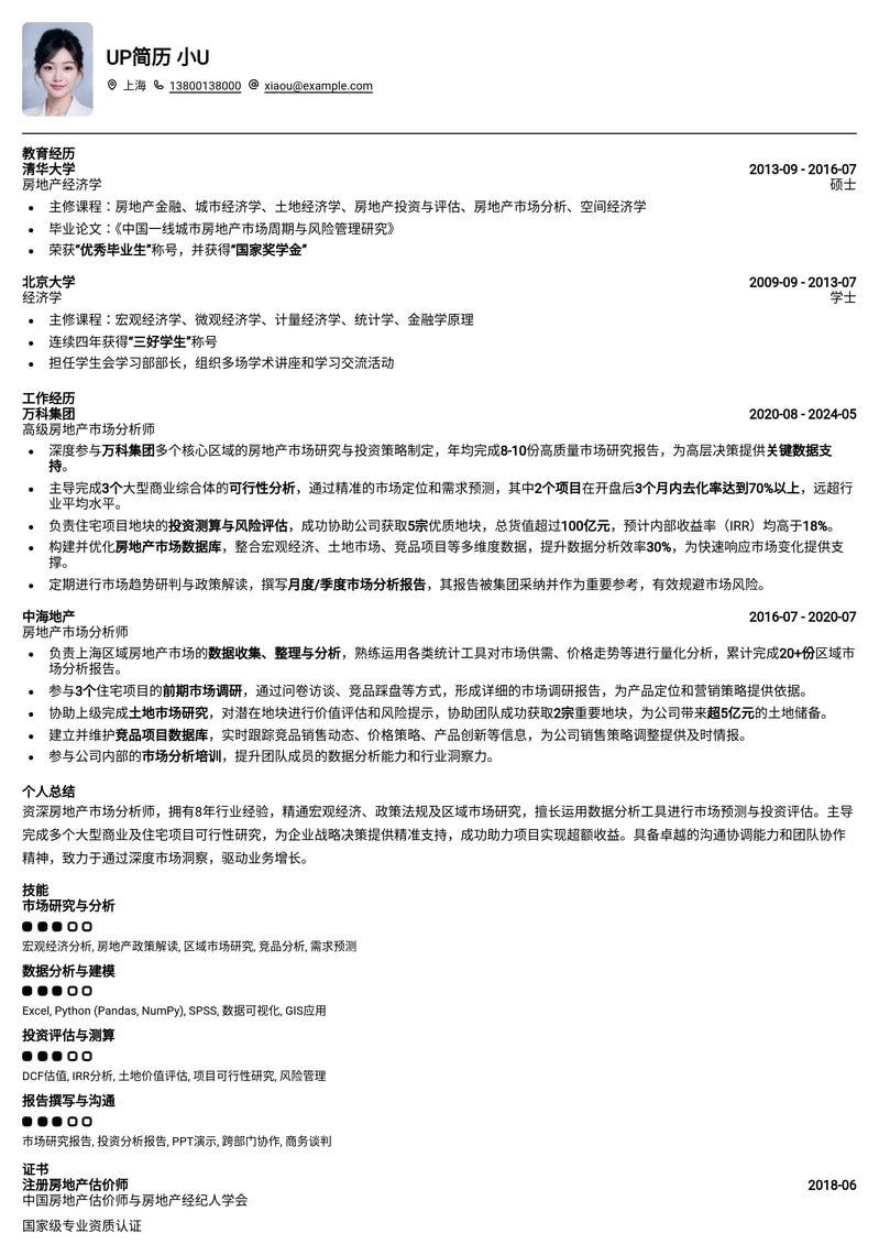专业房地产市场分析师简历模板：洞察市场，精准决策简历模板预览