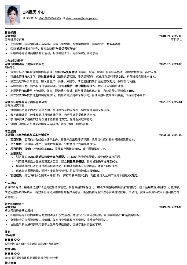 FBA专员高转化简历模板:亚马逊运营精英必备简历模板预览