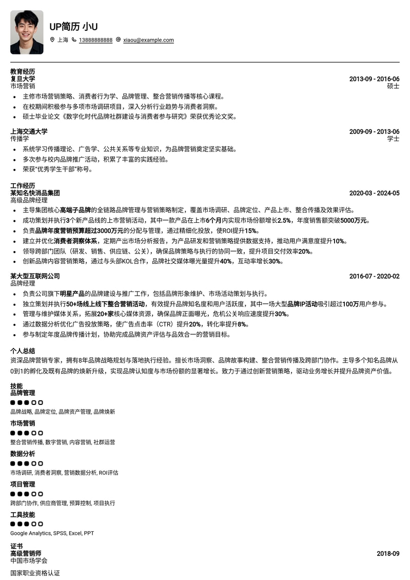 市场营销精英首选：高级品牌经理专业简历模板简历模板预览