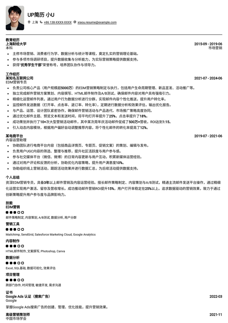 高效转化EDM营销专员简历模板：精准触达，数据驱动简历模板预览