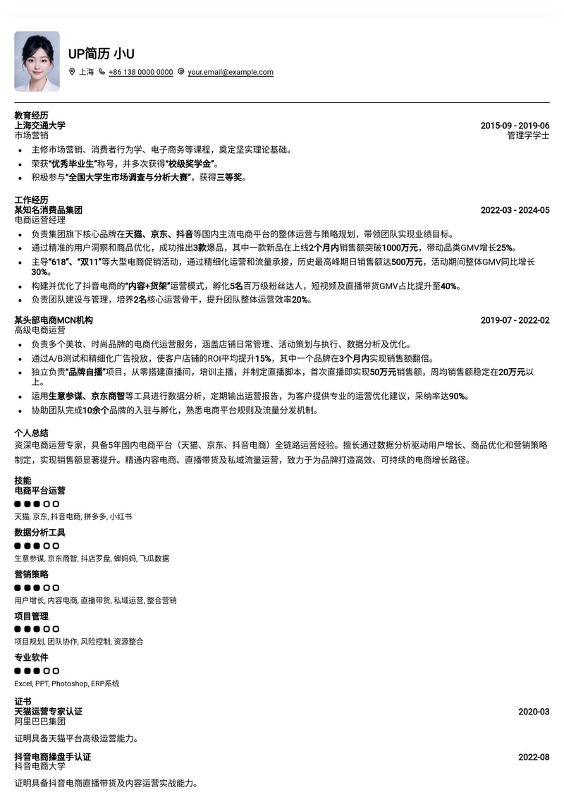 高效转化：国内电商运营求职优选简历模板简历模板预览