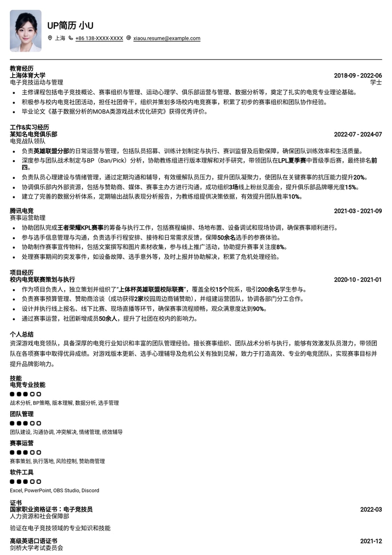 决胜电竞巅峰:专业游戏电竞领队简历模板简历模板预览
