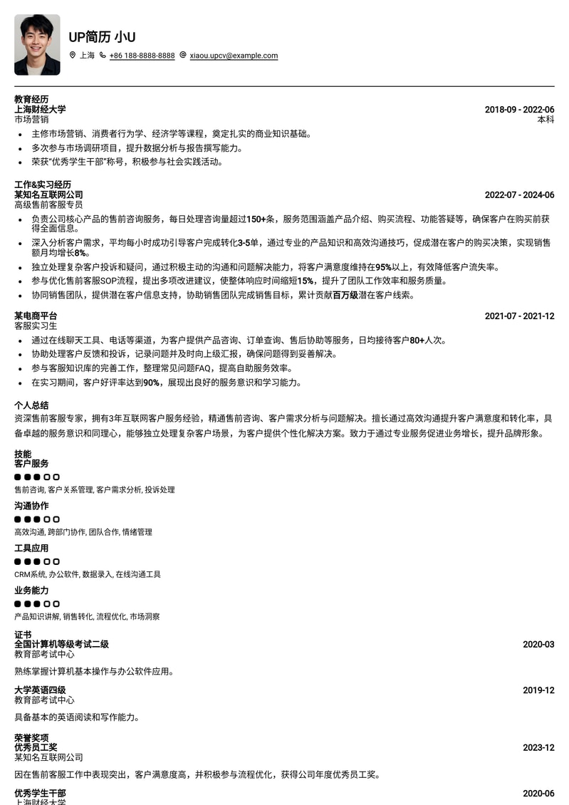 高效专业：售前客服简历模板，助力你斩获理想Offer简历模板预览