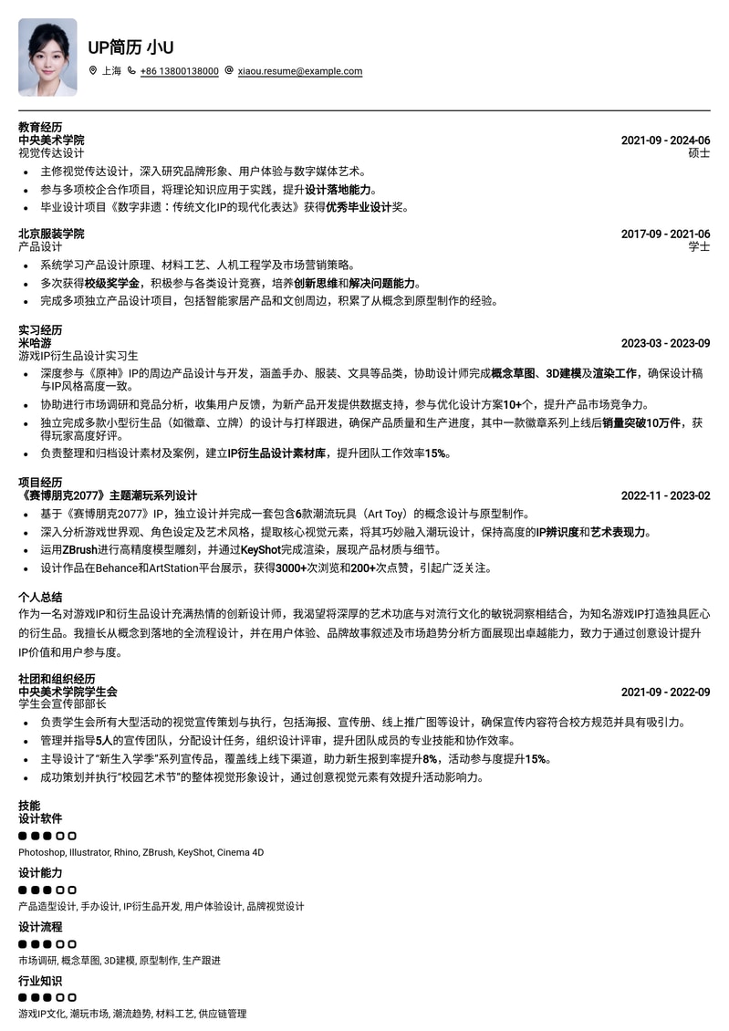 创意无限：游戏IP衍生品设计师简历模板简历模板预览