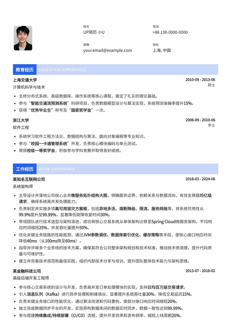 系统架构师专业简历模板：微服务拓扑与高可用方案图解简历模板预览