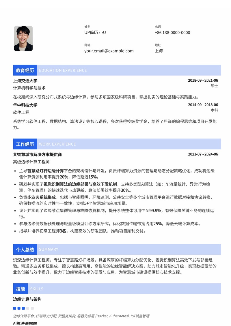 智慧路灯杆边缘计算专家简历模板：赋能杆端算力与多业务融合简历模板预览