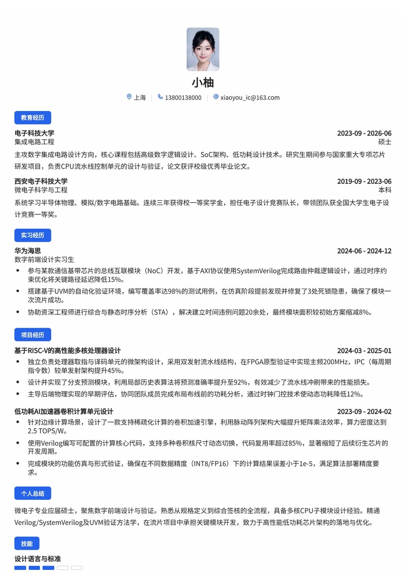 芯片设计工程师简历模板(半导体/集成电路校招)简历模板预览