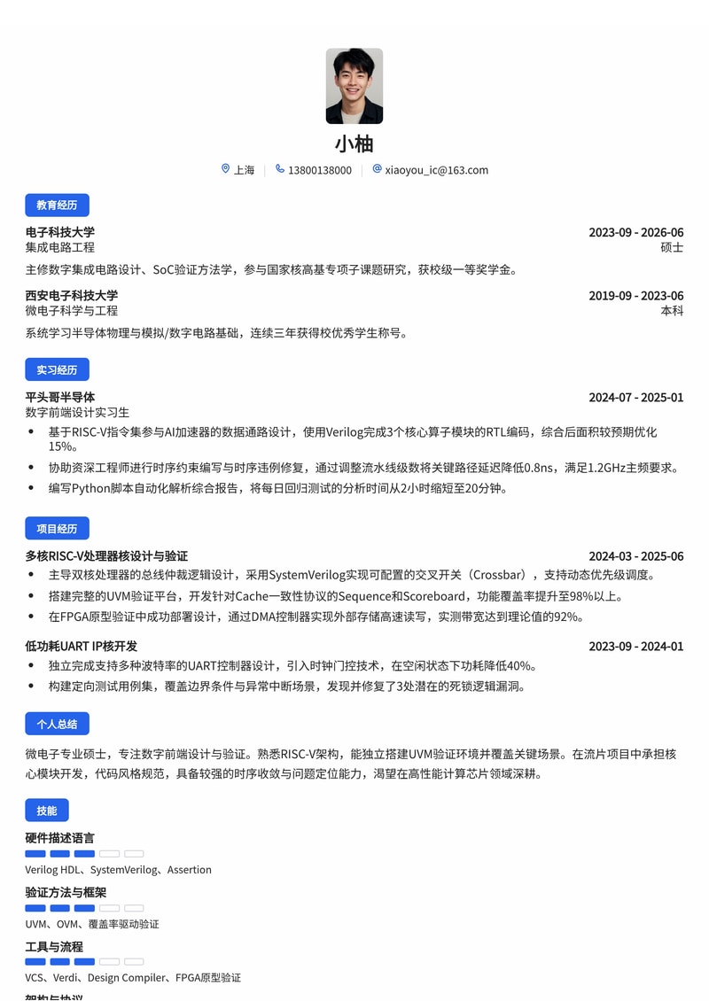芯片设计与验证工程师简历模板(半导体/集成电路校招)简历模板预览