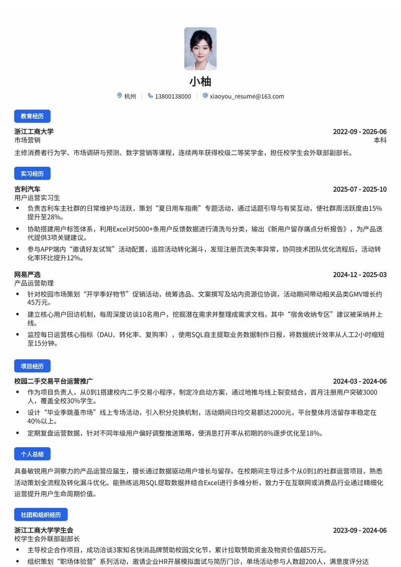 产品运营/用户运营专员简历模板（互联网/消费品/汽车服务校招）简历模板预览