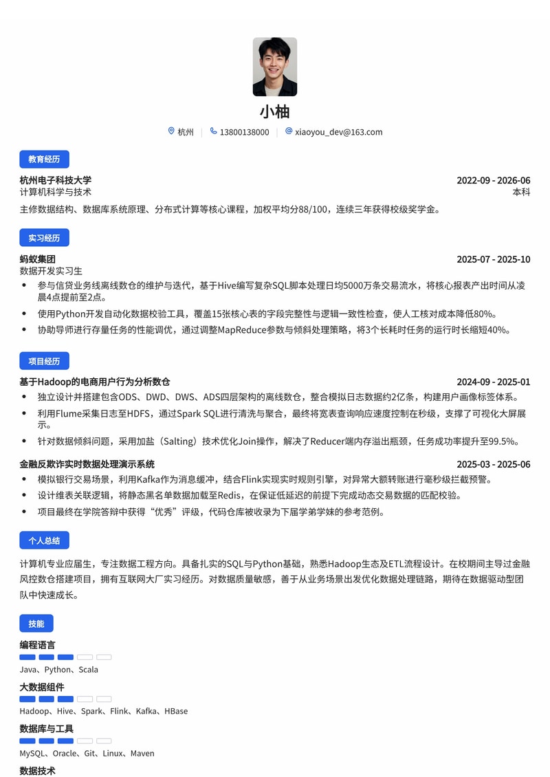数据开发工程师简历模板（互联网/金融/能源校招）简历模板预览