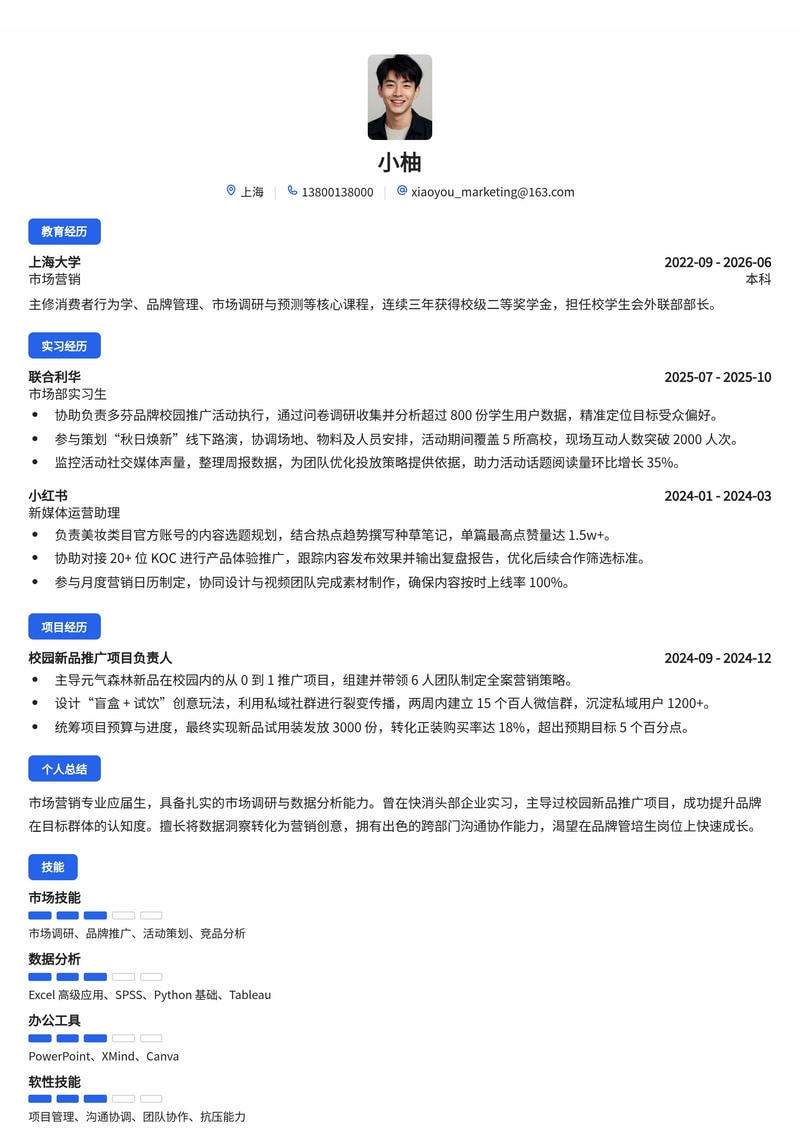 市场营销/品牌管培生简历模板（快消/零售/互联网校招）简历模板预览