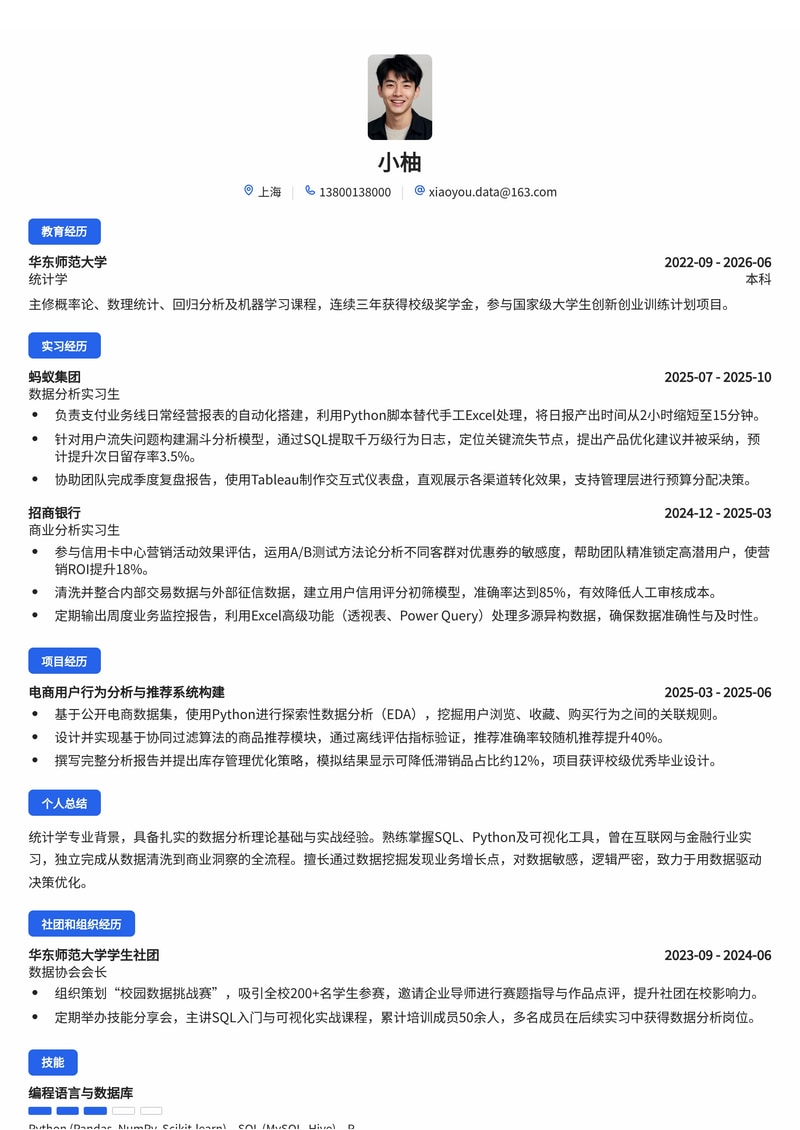 数据分析师简历模板（互联网/金融/消费品校招）简历模板预览