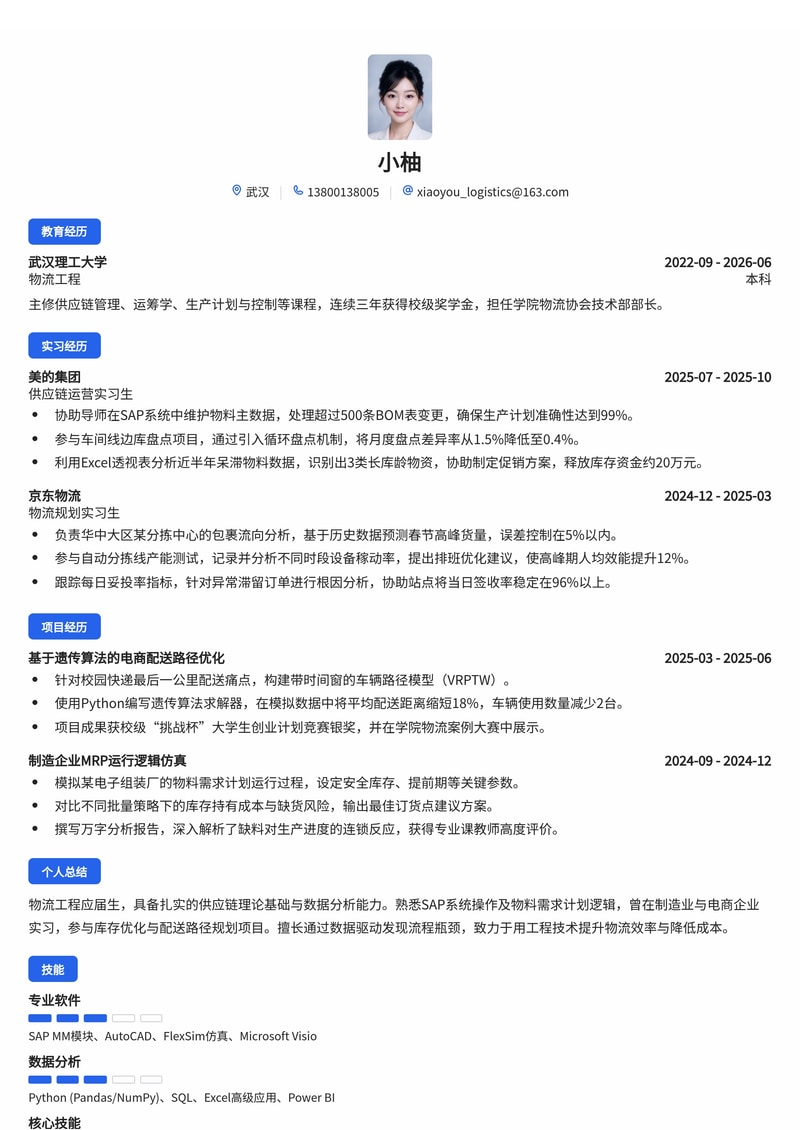 供应链/物流工程师简历模板（制造业/电商/物流校招）简历模板预览