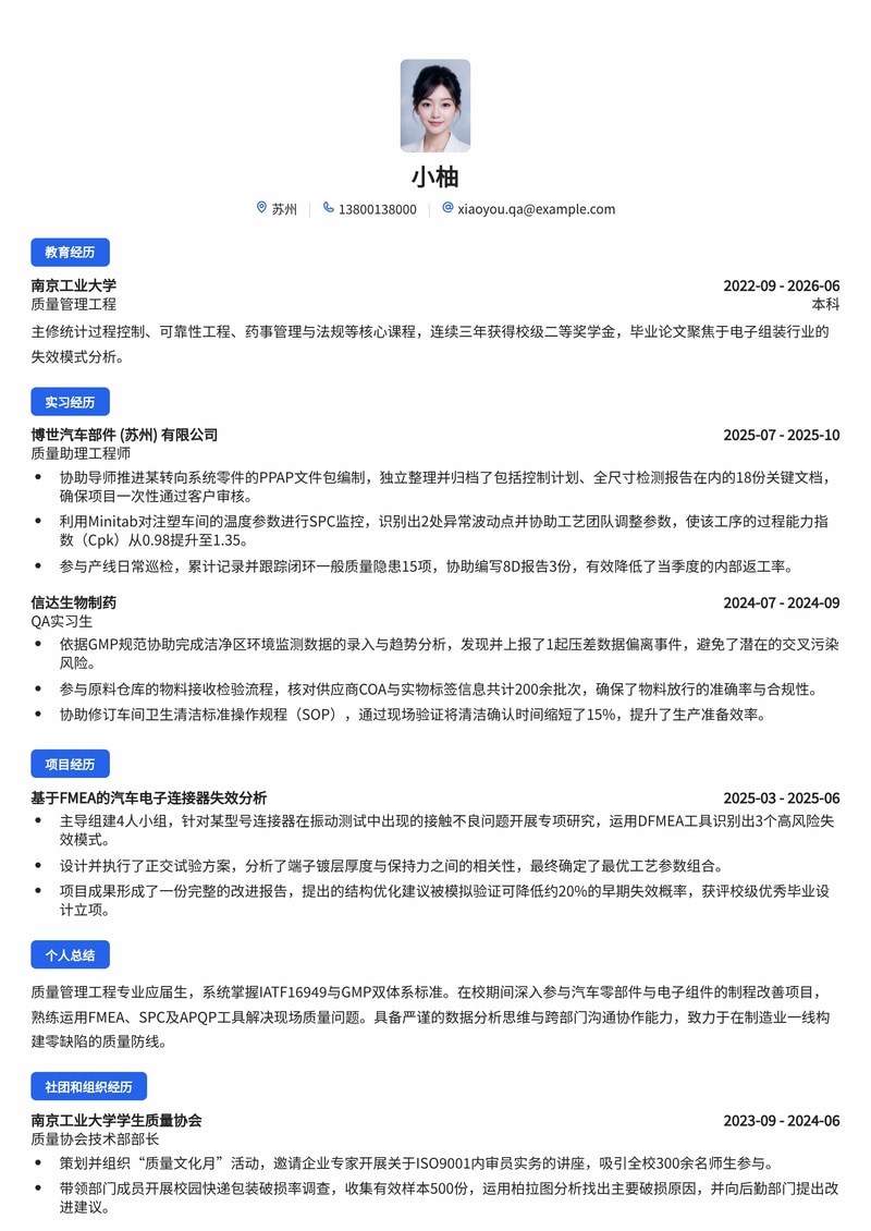 质量管理工程师简历模板（制造业/医药/电子校招）简历模板预览