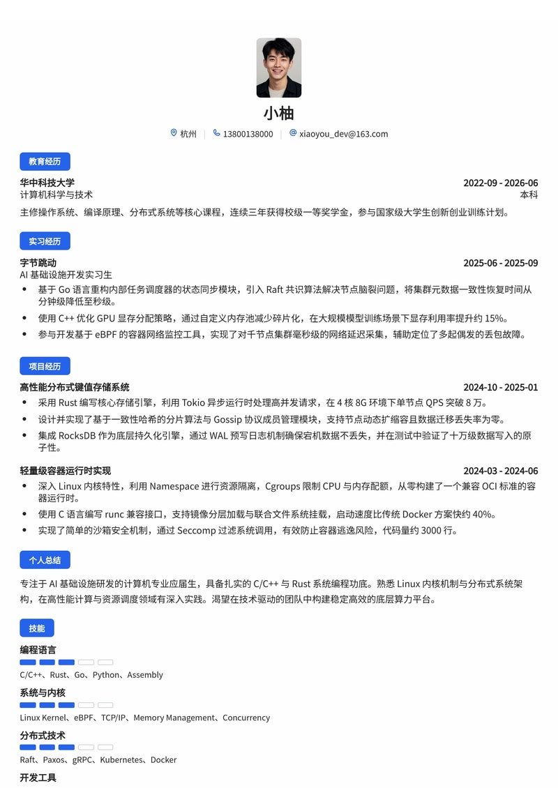 AI Infra 工程师简历模板（互联网/IT校招）简历模板预览