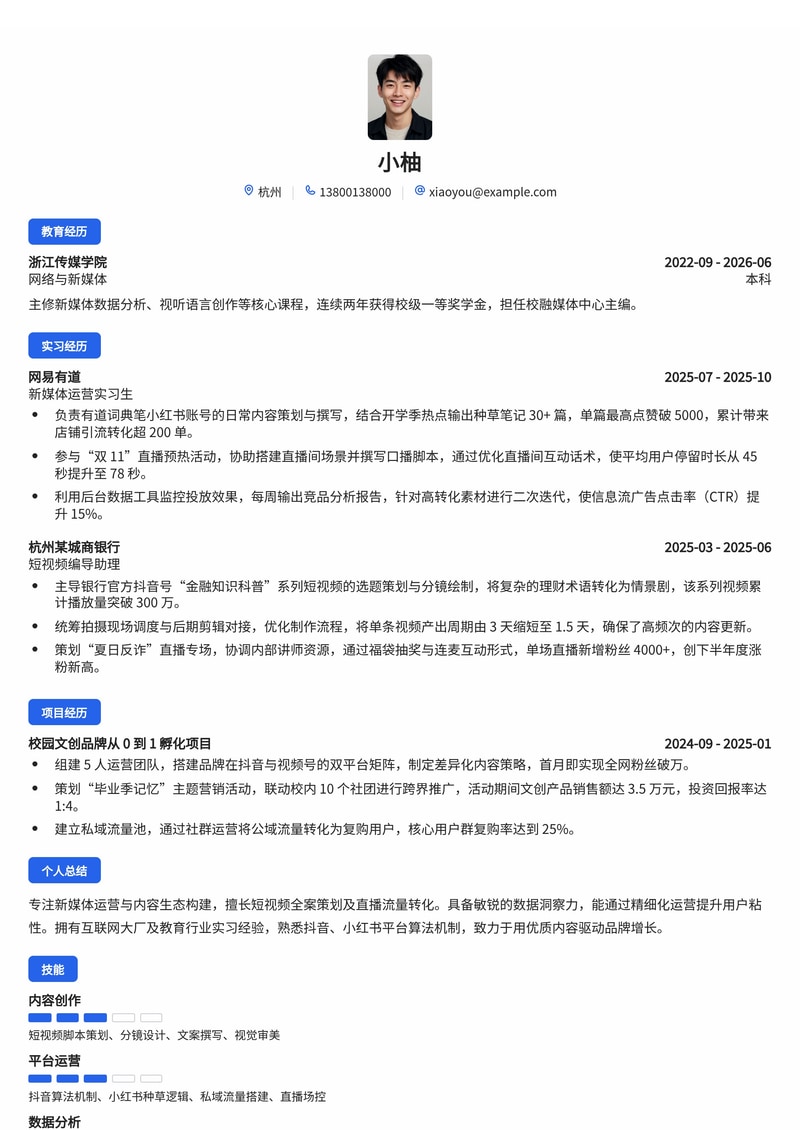 新媒体运营简历模板（互联网/教育/银行校招）简历模板预览