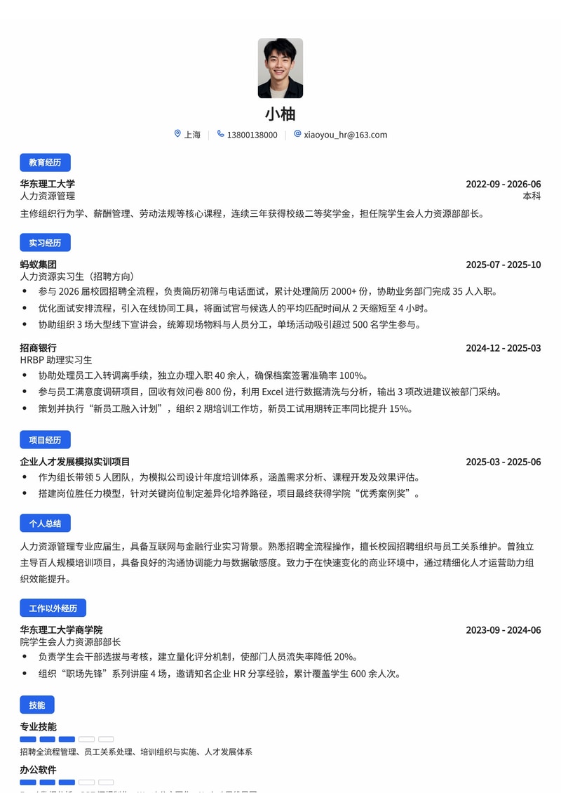 人力资源管培生简历模板（互联网/金融/零售校招）简历模板预览